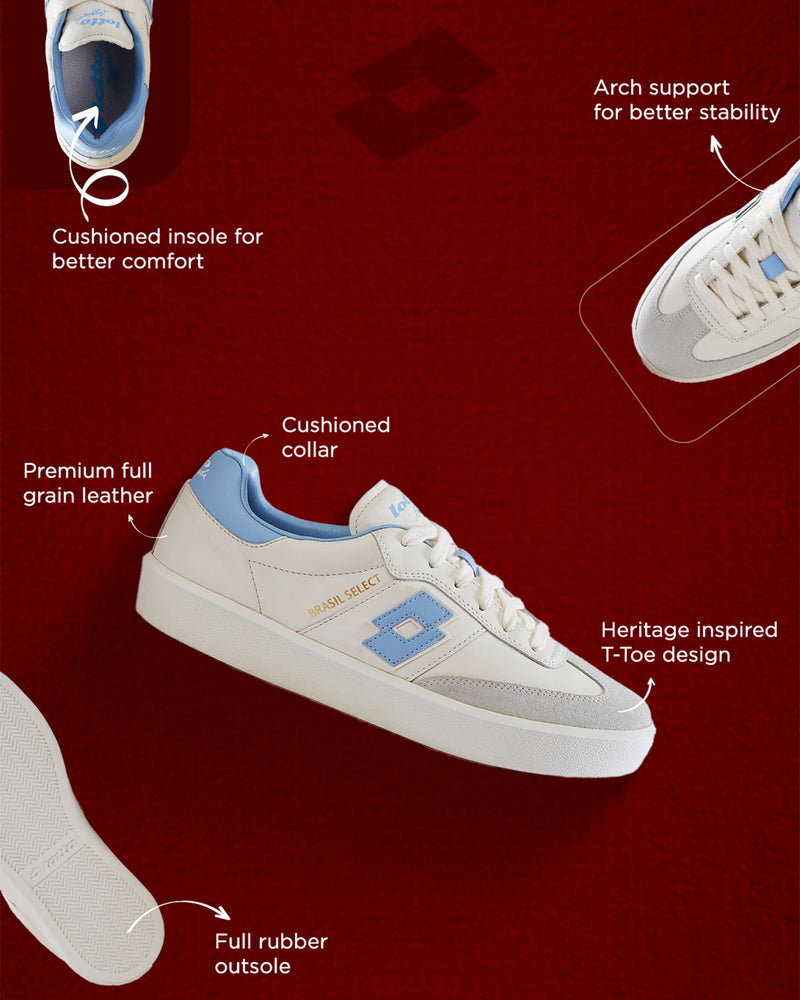 White sneaker with blue accents on a red background, featuring text labels about shoe features.