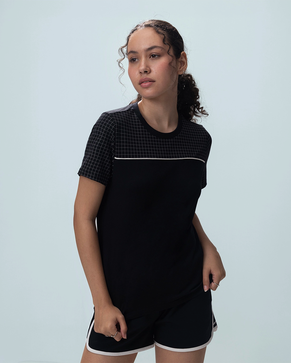 Courtline Checkered Colour Block Tee - Black Beauty