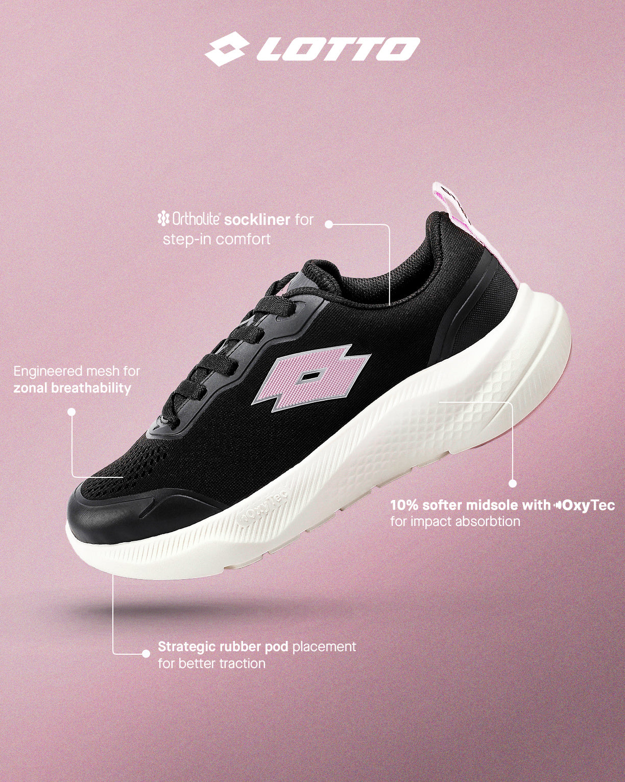 Women Lotto Oxyrun - Black Beauty-Light Lilac Running Shoes6