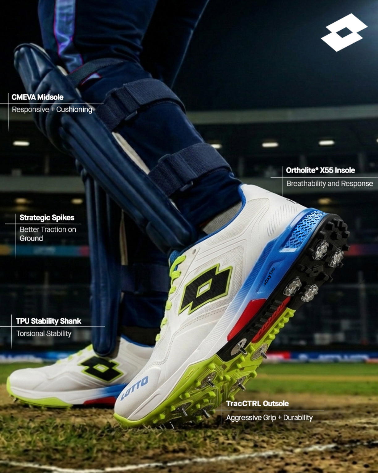 Men Lotto Supershot Blizzard: Cricket Batting Spike - White-Blue Cricket Shoes10