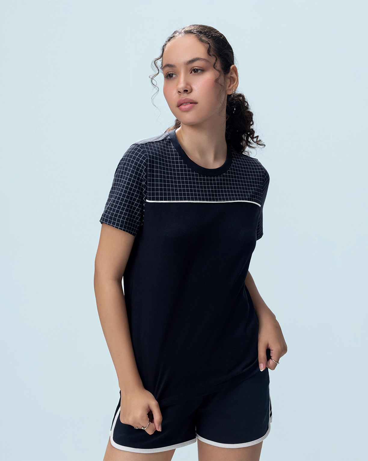 Courtline Checkered Colour Block Tee - Black Beauty