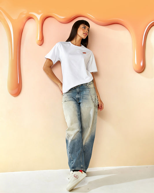 Women's Lotto Melt Crew Tee -  Bright White-Hot Sauce