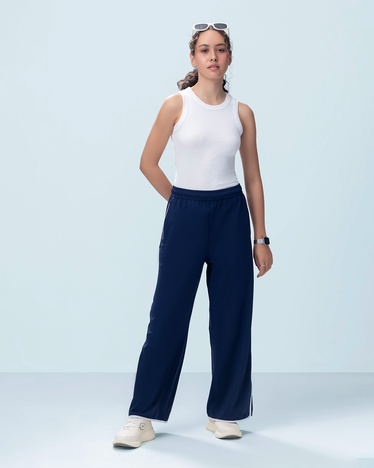 Courtline Wide Banded Pants - Navy Blue