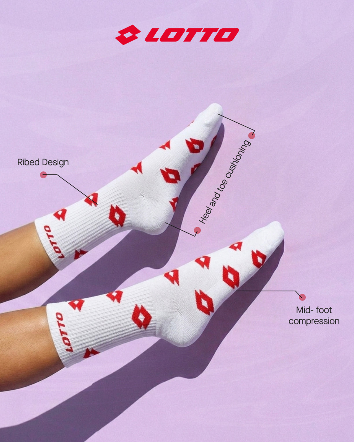 Unisex Lotto StreetPlay Socks 1.0 Pack of 2 - Bright White-Black Beauty-Fiery Red Socks6